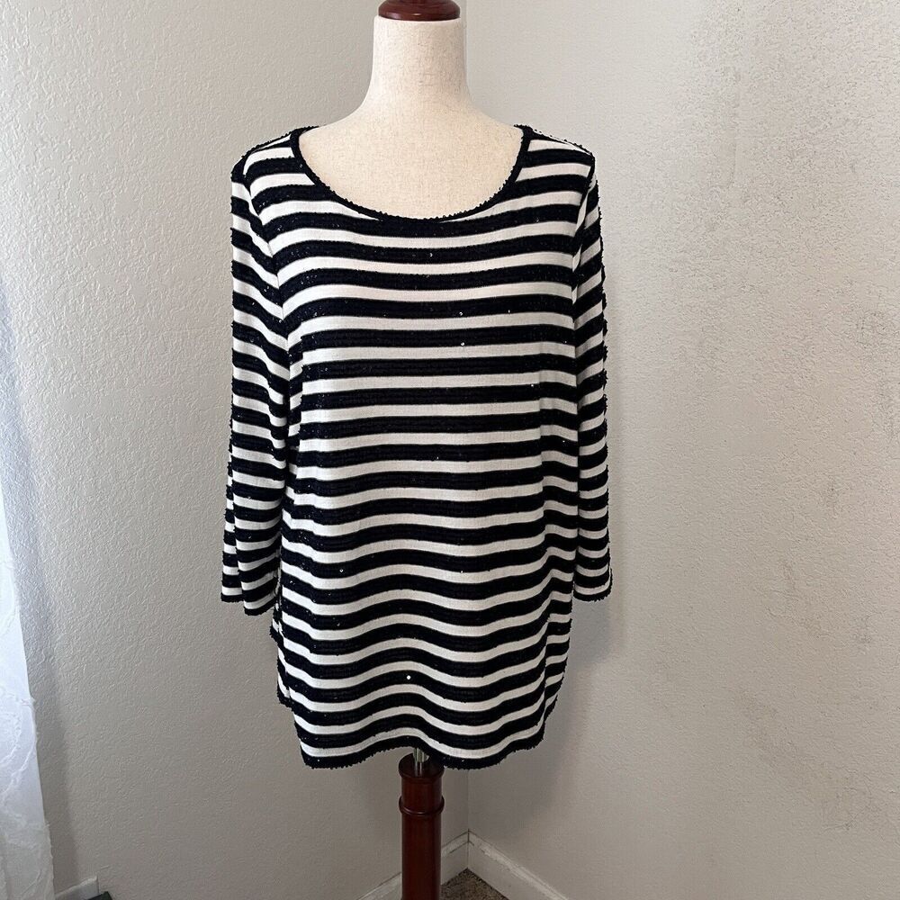 Talbots Womens Pullover Top Shirt Women Size 2x Striped Sequin Long Sleeve Knit